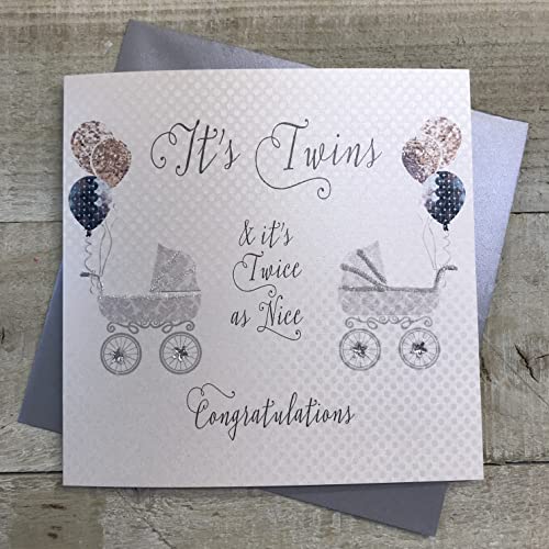 WHITE COTTON CARDS Biglietto d'auguri per neonati gemelli, con passeggini, color argento