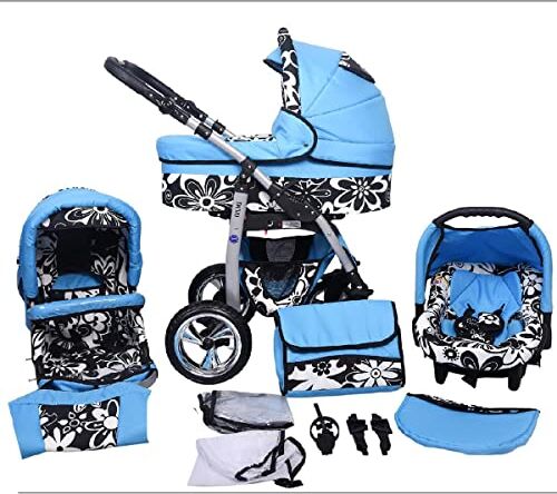 SaintBaby Passeggino Trio 3in1 2in1 Isofix Ovetto Compatto D-Deluxe by  azzurro & fiori neri 2in1 Senza Ovetto