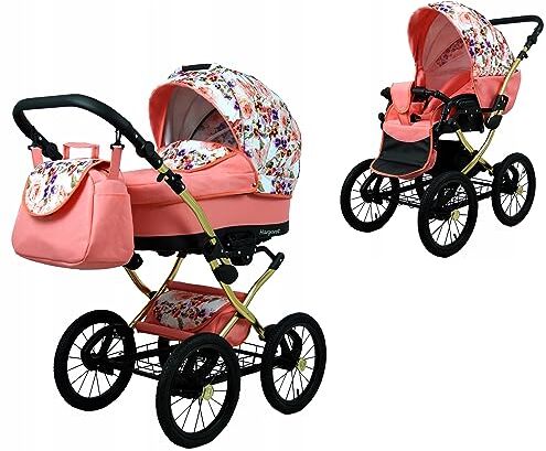 Babylux ® Bambini Passeggino Completo Set 2 in 1 Margaret Gold incl. Navicella, Canna Carrozzina Neonati Sistema Combinato Borsa fasciatoio, Copertura antipioggia, Zanzariera ecc.