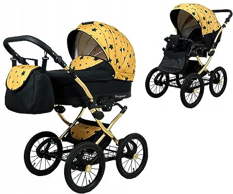 Babylux ® Bambini Passeggino Completo Set 2 in 1 Margaret Gold incl. Navicella, Canna Carrozzina Neonati Sistema Combinato Borsa fasciatoio, Copertura antipioggia, Zanzariera ecc.