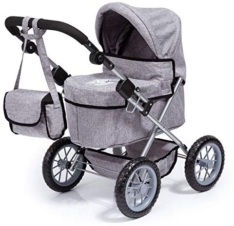 Bayer Design  Carrozzina per Bambole, Passeggino per Bambole, Passeggino Giocattolo con borsa, regolabile in altezza, pieghevole, grigio con corona