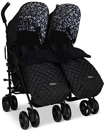 Cosatto Supa Dupa Passeggino doppio – Passeggino dalla nascita 0-25 kg, leggero, compatto pieghevole, con coprigambe, portabicchieri e parapioggia (nero silhouette)