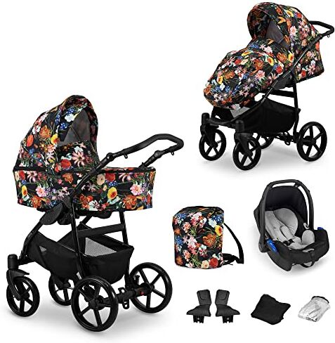 Kunert Passeggino per bambini 3 in 1 et 2 in 1 navicella carrozzina seggiolino auto  MATA 3in1 et 2in1 passeggini (3 in 1, fiori + telaio nero)