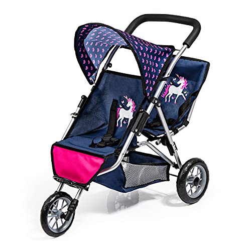 Bayer Design  passeggino per bambole gemellare DUO, carrozzina doppia giocattolo, pieghevole, rosa, blu, unicorno