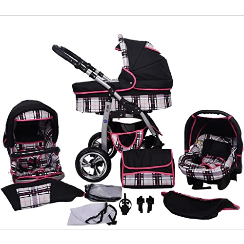 SaintBaby Passeggino Trio 3in1 2in1 Isofix Ovetto Compatto D-Deluxe by  nero & quadretto grigio & cuciture rosa 2in1 Senza Ovetto