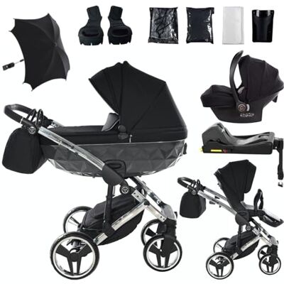 JUNAMA Passeggino TRIO Diamond S 01 Nero e Argento 2in1 3in1 4in1 + ombrellino (4 in 1 con Base ISOFIX) JUNAMA Passeggino TRIO Diamond S 01 Nero e Argento 2in1 3in1 4in1 + ombrellino (4 in 1 con Base ISOFIX)