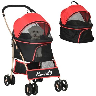 PawHut Passeggino per Cani 3 in 1 Pieghevole Convertibile, Rosso-Nero Borsa da Trasporto, Seggiolino Auto con 2 Guinzagli, Cuscino, Passeggino per Animali in Acciaio, Tessuto Oxford, 82x49.5x98cm PawHut Passeggino per Cani 3 in 1 Pieghevole Convertibile, Rosso-Nero Borsa da Trasporto, Seggiolino Auto con 2 Guinzagli, Cuscino, Passeggino per Animali in Acciaio, Tessuto Oxford, 82x49.5x98cm
