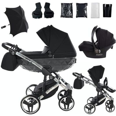 JUNAMA Passeggino TRIO Diamond S 01 Nero e Argento 2in1 3in1 4in1 + ombrellino (3 in1 con Seggiolino Auto) JUNAMA Passeggino TRIO Diamond S 01 Nero e Argento 2in1 3in1 4in1 + ombrellino (3 in1 con Seggiolino Auto)