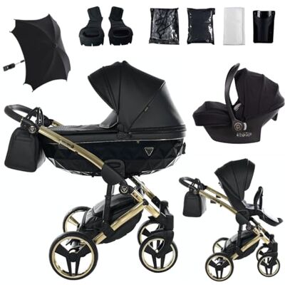 JUNAMA Passeggino TRIO Diamond Fluo 04 Nero e Oro 2in1 3in1 4in1 + ombrellino (3 in 1 con Seggiolino Auto) JUNAMA Passeggino TRIO Diamond Fluo 04 Nero e Oro 2in1 3in1 4in1 + ombrellino (3 in 1 con Seggiolino Auto)