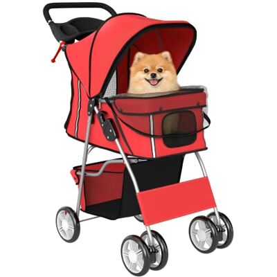 PawHut Passeggino per Cani 10kg Pieghevole Rosso Carrozzina per Cani, Girevole, Freni, Strisce Riflettenti, Finestre Rete, Cestino, Cuscino Lavabile, Portabicchieri PawHut Passeggino per Cani 10kg Pieghevole Rosso Carrozzina per Cani, Girevole, Freni, Strisce Riflettenti, Finestre Rete, Cestino, Cuscino Lavabile, Portabicchieri