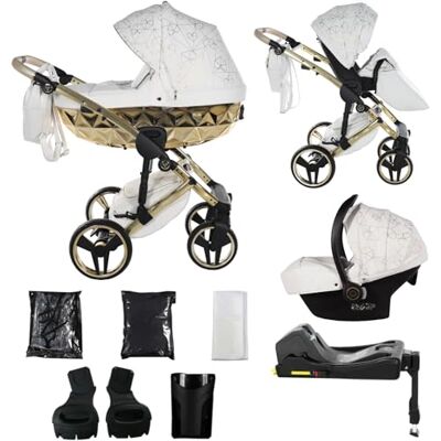 JUNAMA Originale Diamond Heart sistemi modulari passeggino combinato 2in1 3in1 4in1 Exclusive Prams (01 bianco e oro, 4in1 con base ISOFIX) JUNAMA Originale Diamond Heart sistemi modulari passeggino combinato 2in1 3in1 4in1 Exclusive Prams (01 bianco e oro, 4in1 con base ISOFIX)