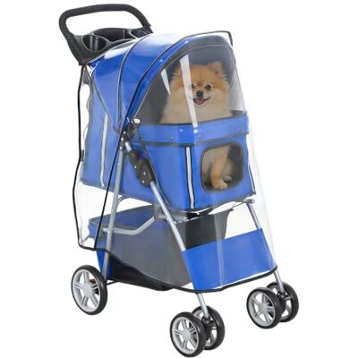 PawHut Passeggino per Cani Pieghevole con Copertura Antipioggia Blu Carrozzina per Cani, Girevole, Freni, Strisce Riflettenti, Finestre Rete, Cestino, Cuscino Lavabile, Portabicchieri PawHut Passeggino per Cani Pieghevole con Copertura Antipioggia Blu Carrozzina per Cani, Girevole, Freni, Strisce Riflettenti, Finestre Rete, Cestino, Cuscino Lavabile, Portabicchieri