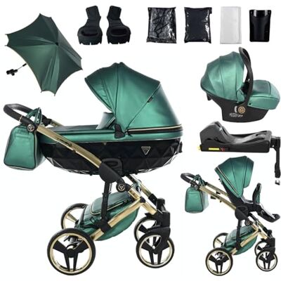 JUNAMA Passeggino TRIO Diamond Fluo 02 Verde e Oro 2in1 3in1 4in1 + ombrellino (4 in 1 con Base ISOFIX) JUNAMA Passeggino TRIO Diamond Fluo 02 Verde e Oro 2in1 3in1 4in1 + ombrellino (4 in 1 con Base ISOFIX)