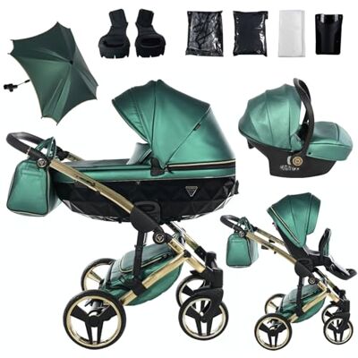 JUNAMA Passeggino TRIO Diamond Fluo 02 Verde e Oro 2in1 3in1 4in1 + ombrellino (3 in 1 con Seggiolino Auto) JUNAMA Passeggino TRIO Diamond Fluo 02 Verde e Oro 2in1 3in1 4in1 + ombrellino (3 in 1 con Seggiolino Auto)