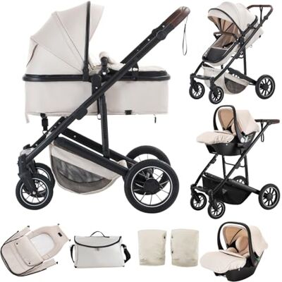 Lnhcrbs Passeggino Trio, Beige-Set Passeggino e Seggiolino Auto, passeggino fronte mamma da Viaggio con Manico Regolabile, Cestino&Cestino per Dormire con Copripiedi, Copripiedi rialzati,0-4,22KG Lnhcrbs Passeggino Trio, Beige-Set Passeggino e Seggiolino Auto, passeggino fronte mamma da Viaggio con Manico Regolabile, Cestino&Cestino per Dormire con Copripiedi, Copripiedi rialzati,0-4,22KG