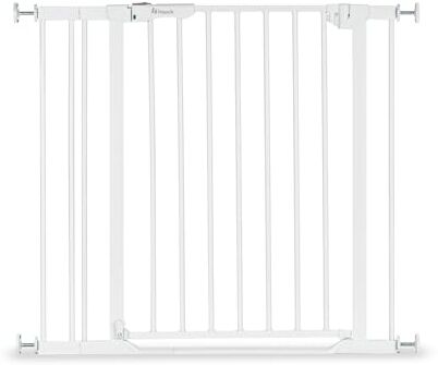 Hauck Cancelletto di Sicurezza per Bambini Clear Step 2, Incl. Estensione da 9 cm Cancelletto per Bambini per Aperture da 84-89cm, Base Piatta, Senza Forare Apertura con Una Mano Metallo, Bianco