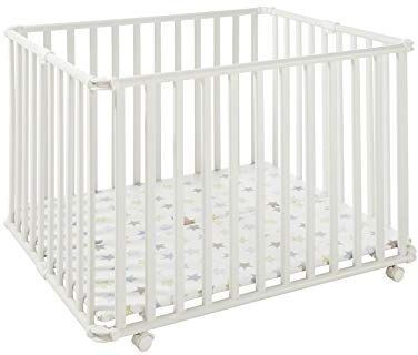 Geuther Ameli playpen in legno pieghevole in bianco, decorazione: Stelle colorato, 106.4 x 90 x 75 cm