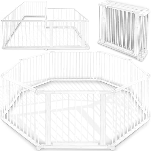 KIDUKU ® XXL Box per Bambini Barriera di sicurezza di 7,2 metri, pieghevole e porta inclusa, composto da 8 Elementi, formabile individualmente recinto di sicurezza (Bianco)