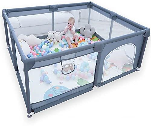 VTERLY Box Bambini, 150x180x68cm Box per Bambini con Borsa di Stoccaggio, Base Antiscivolo e Rete Traspirante Recinzione per Bambini, Ampio Parco Giochi di Sicurezza Impermeabile in Tessuto Oxford Grigio