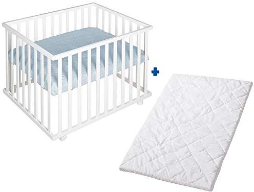 roba Box + Materasso per Bambini  Style Rettangolare Regolabile in 3 Altezze 4 Ruote con Freni Cuscinetti e Paracolpi Materassino Traspirante e Sfoderabile Bianco e Azzurro