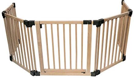 Safetots Barriera di sicurezza in legno con pannelli multipli, fino a 356,5cm, legno naturale, barriera flessibile per stanza e scale, divisorio con porta per bambini e bambini piccoli