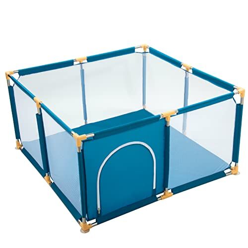 VTERLY Box Bambini, 120x120x65cm Box per Bambini, Base Antiscivolo e Rete Traspirante Recinzione per Bambini, Ampio Parco Giochi di Sicurezza Impermeabile in Tessuto Oxford Blu