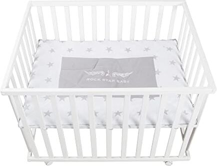 roba Box per Bambini Rock Star Baby + Materasso, 75 x 100, Rettangolare, Ruote con Freni, Base Regolabile in Altezza, Legno Laccato Bianco