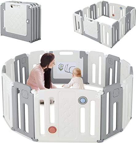 LIFEZEAL Box per Bambini, Barriera Sicurezza Plastica Modulabile con Giocattoli e Porta, Grande Parco Bambino 6-36 Mesi, Recinzione Pieghevole, Centro attività Bambini per interni (12+2 pannelli)