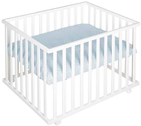 roba Box per Bambini  Style Rettangolare 75 x 100 cm Cuscinetti di Protezione Paracolpi Regolabile a 3 Altezze 4 Ruote con Freni Bianco e Azzurro