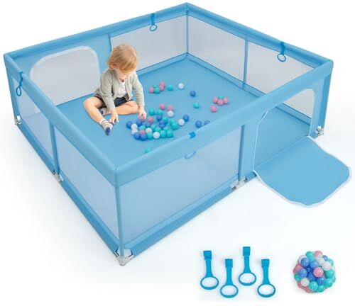 LIFEZEAL Parco Giochi per Neonati, Box Bambini Giardino in Tessuto Oxford, 2 Porte con Cerniera, Centro di attività per bambini con 50 Palline, Ventose Antiscivole (180x200x68cm, blu)