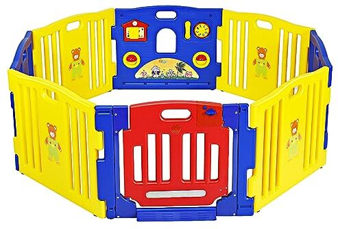 COSTWAY Box per Bambini con 8 Pannelli, Recinto Pieghevole con Giocattoli Educativi, Porta con Chiusura di Sicurezza, Cancello da Giocare per Bambini