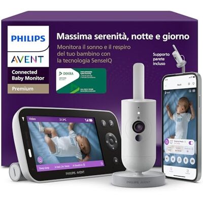 AVENT PHILIPS Baby Monitor Premium Connected con app videocamera HD 1080p, monitora sonno e respirazione con IA, traduzione pianto, certificato DEKRA per sicurezza, supporto da parete, AVENT PHILIPS Baby Monitor Premium Connected con app videocamera HD 1080p, monitora sonno e respirazione con IA, traduzione pianto, certificato DEKRA per sicurezza, supporto da parete,