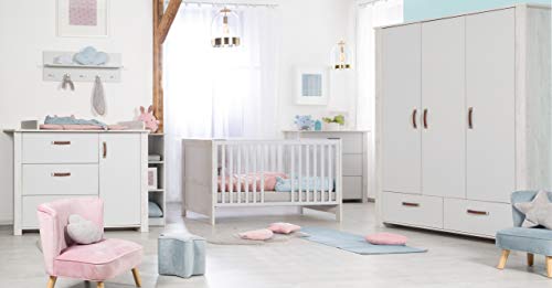 roba Cameretta per Bambini "Mila", Lettino Combinato 70 x 140 cm, Fasciatoio con Cassettiera, Armadio a 3 Ante, Bianco/Grigio