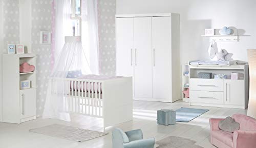 roba Cameretta per Bambini "Maren", Lettino Combinato 70 x 140 cm, Fasciatoio con Cassettiera, Armadio a 3 Ante, Bianco