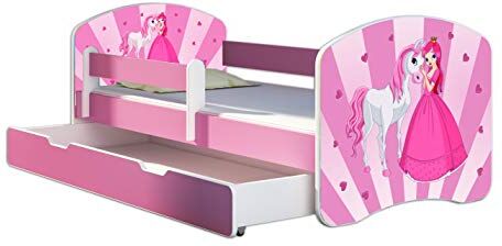 ACMA Letto per bambino Cameretta per bambino con materasso Cassetto  II ROSA (08 La principessa con il pony, 160x80 cm + Cassetto)