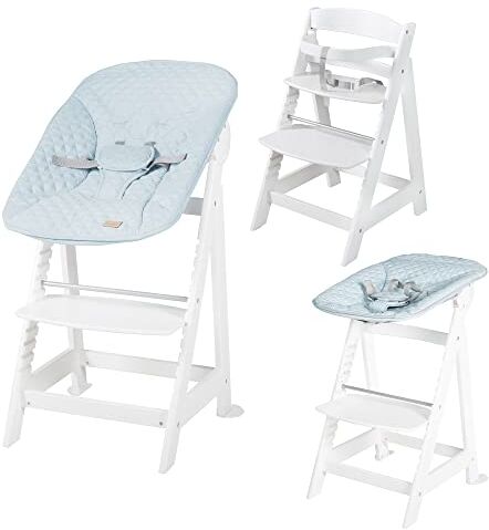 roba Seggiolone Evolutivo Born Up 2 in 1, Sdraietta  Style Azzurra Reclinabile, Fodera Impermeabile, Altezza Regolabile, Robusto e Resistente, Ergonomico, fino ai 70 kg, Legno Laccato Bianco