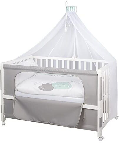 roba Lettino Co-Sleeping Happy Cloud, per Neonati e Bambini, 60 x 120 cm, Biancheria per Lettino Inclusa, si Aggancia al Letto dei Genitori, 6 Altezze Regolabili, Legno Laccato Bianco