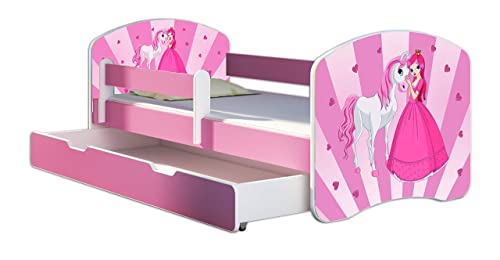 ACMA Letto per bambino Cameretta per bambino con materasso Cassetto  II ROSA (08 La principessa con il pony, 180x80 cm + Cassetto)