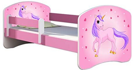 ACMA Letto per bambino Cameretta per bambino con materasso Cassetto  II ROSA (17 Il pony con lo sfondo rosa, 140x70 cm)