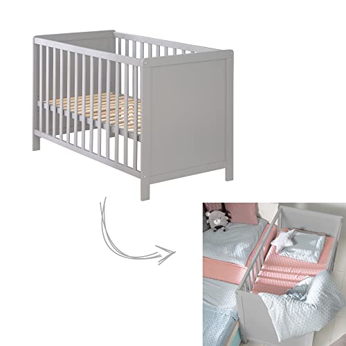 roba Lettino Co-sleeping 60 x 120 cm, Rete a Doghe Incluso, Regolabile in Altezza, 5 Pioli Estraibili, da Attaccare al Letto dei Genitori, Legno Grigio