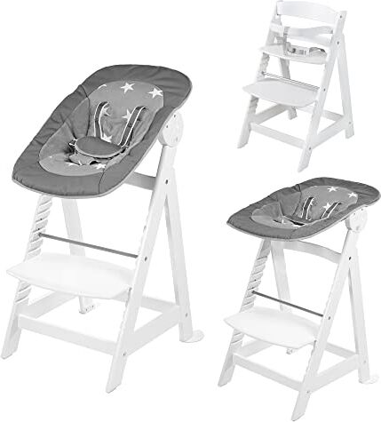 roba Seggiolone Evolutivo Born Up 2 in 1, Sdraietta Reclinabile Little Stars, Altezza Regolabile, dalla Nascita fino ai 70 kg, Ergonomico, con Poggiapiedi, Legno, Bianco