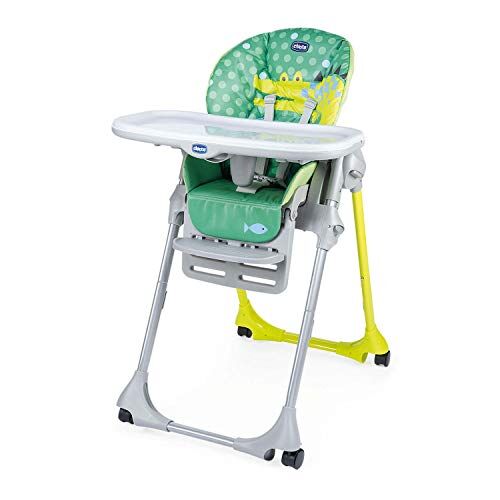 Chicco Polly Easy Seggiolone Pappa Evolutivo per Bambini da 6 Mesi a 3 Anni (15 kg), Seggiolone Reclinabile a Sdraietta Altezza e Poggiapiedi Regolabili, 4 Ruote, Chiusura Compatta Crocodile, Verde