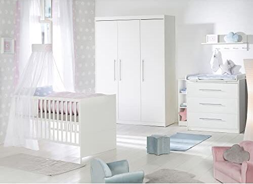 roba Cameretta completa per bambini"Maren", con lettino, superficie 70 x 140 cm, fasciatoio sottile con fasciatoio e armadio a 3 ante, colore: Bianco