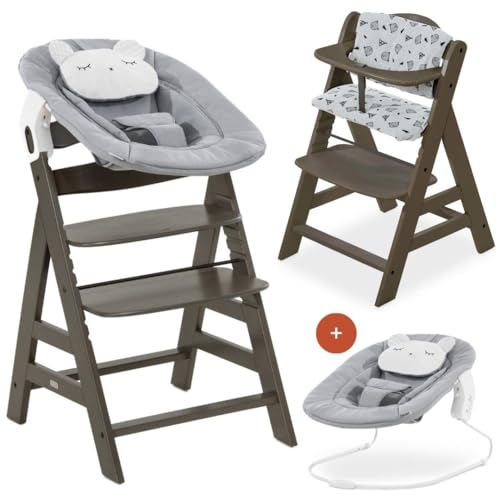 Hauck Seggiolone Pappa Alpha Plus Newborn Set con Sdraietta Neonati Seggiolone Legno Evolutivo con Sdraietta Dondolo Neonati e Cuscino Charcoal, Pastell Bear