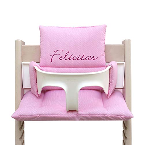 Blausberg Baby – Stokke Tripp Trapp – Cuscino con nome (pois rosa) – Regalo personalizzato per nascita o compleanno, primo equipaggiamento per nascita, per ragazzi e ragazze