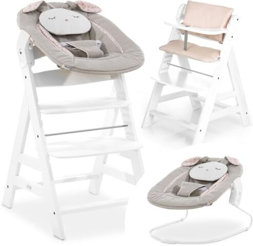 Hauck Seggiolone Pappa Alpha Plus Newborn Set con Sdraietta Neonati Seggiolone Legno Evolutivo con Sdraietta Dondolo Neonati e Cuscino Bianco beige, coniglio