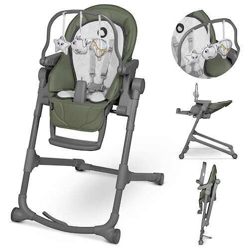 lionelo Cora Plus 2 in 1 Seggiolone per alimentazione 6-36 mesi/15 kg, Seggiolone pappa pieghevole con funzione sdraietta fino a 9 kg, altezza regolabile, arco giochi