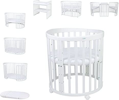 waldin baby collection Waldin Baby Lettino Ovale 7in1 Lettino per bambini con materasso e rotelle Lettini per bambini con fasciatoio Lettino per bambini in crescita (bianco)