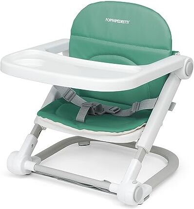 Foppapedretti Seggiolino Alzabimbo Lift, bambini da 6 mesi a 3 anni (fino a 15 Kg), Vassoio Amovibile, Chiudibile e Trasportabile, Borsa Inclusa, Imbottitura Removibile e Lavabile, 3 Altezze, Verde