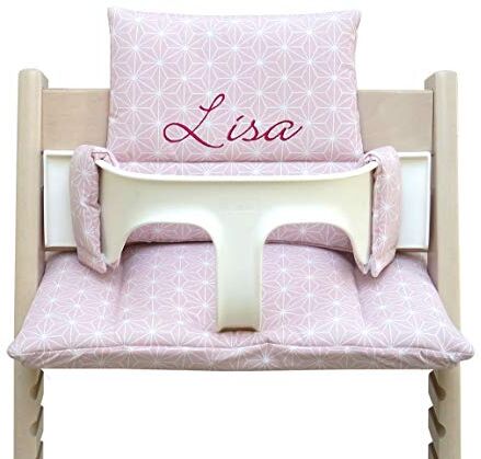 Blausberg Baby – Stokke Tripp Trapp cuscino con nome (Happy Star Rosa) – Regalo personalizzato per nascita o compleanno, congratulazioni per nascita, per ragazzi e ragazze